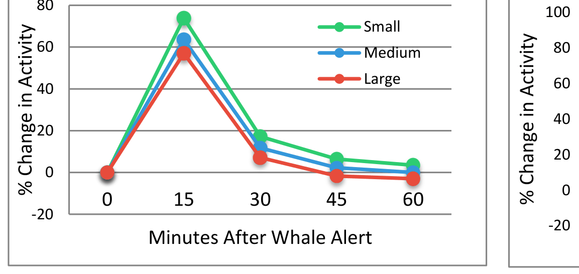 Percentage change in non-whale buy activity peaks 15 minutes after whale alerts across investor sizes.