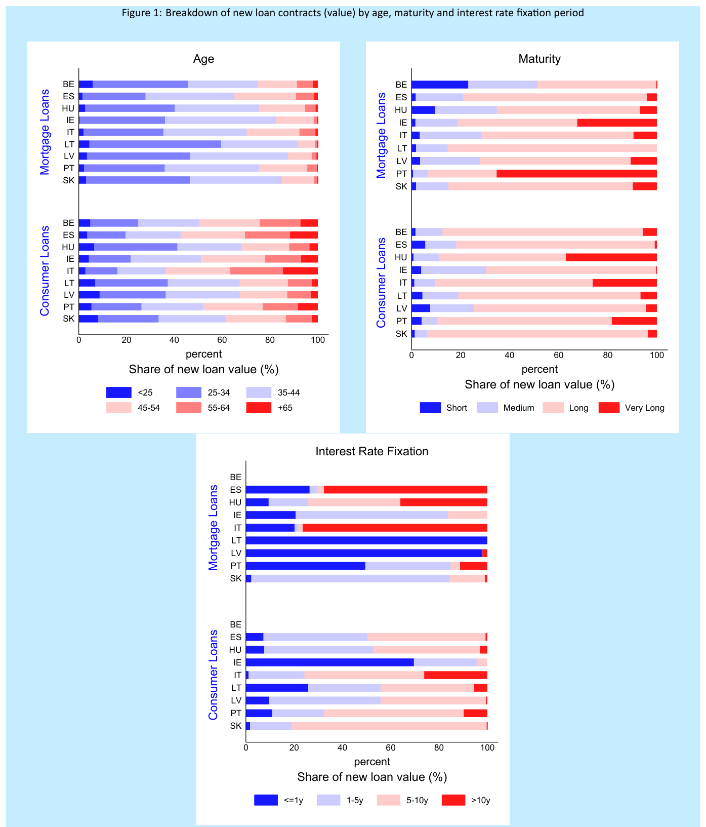 Horizontal bar charts comparing pass-through effects by age, maturity, and interest rate position across credit markets.
