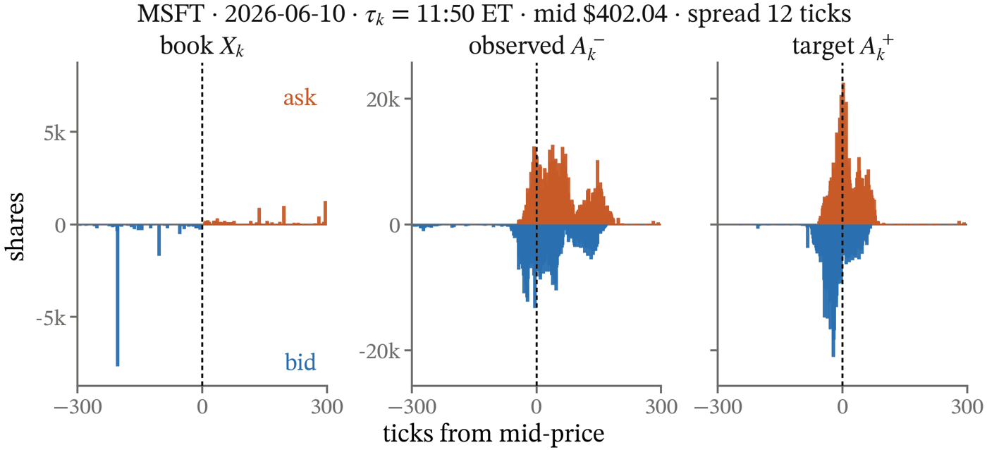 The data at one forecast boundary, within 300 ticks of the mid-price: the book snapshot X_{k} , the observed field